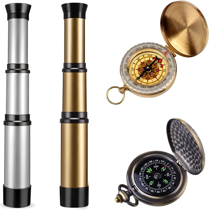 Aubric Kids Pirate Telescope & Compass Toy Kits 4pcs Pack Plastic Collapsible Handheld Retro Telescope Spyglass & Pocket Survival Gear Compass for Pirate Theme Party Cosplay Birthday Xmas Gift for Kids - Image 1